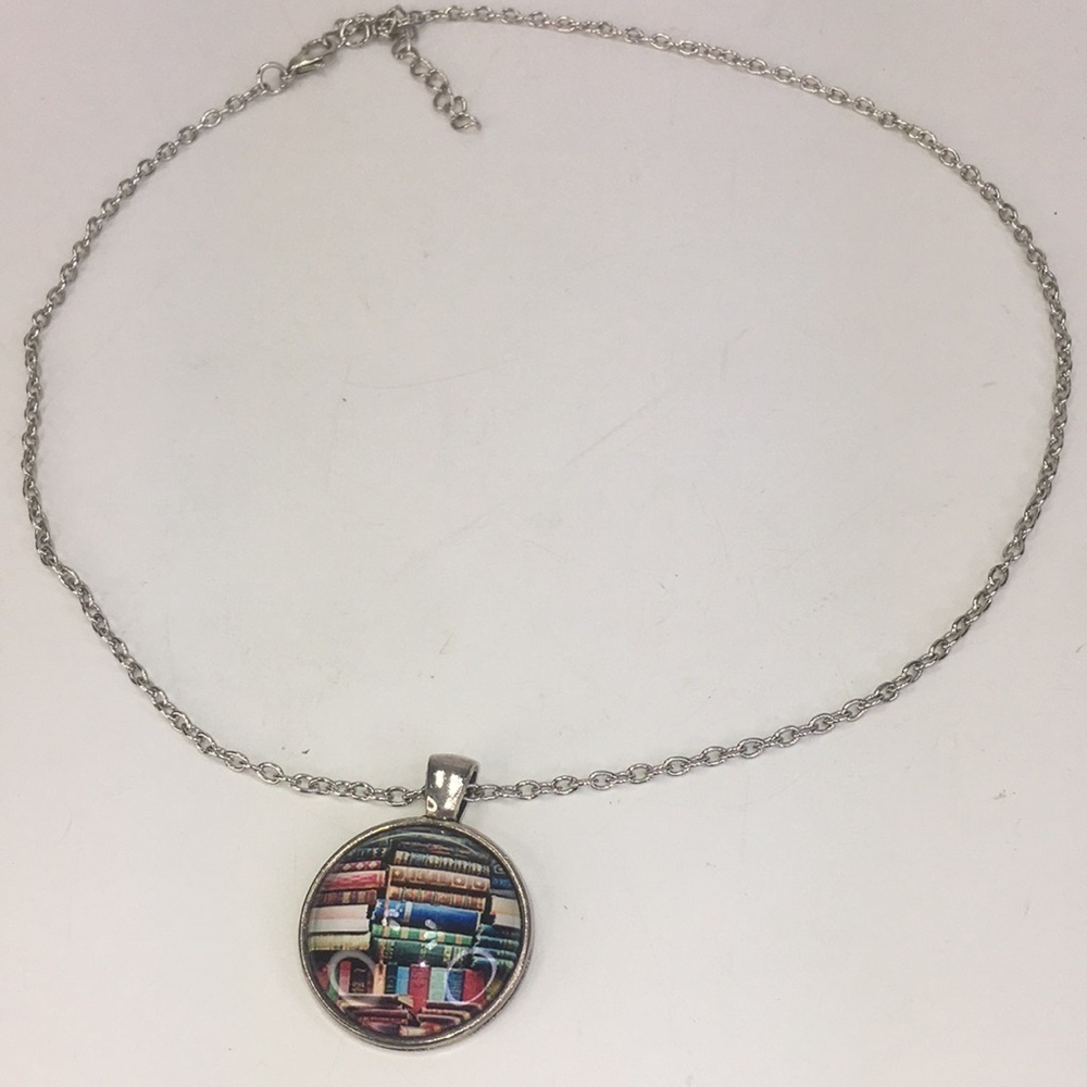 Library Book dome glass charm necklace silver tone chain 20"